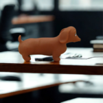 Stretch-Hund dachshund stress toy resting on a modern office desk next to a laptop and a cup of coffee.