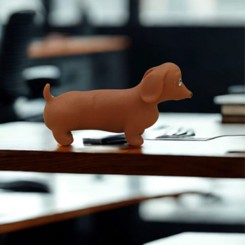 Stretch-Hund dachshund stress toy resting on a modern office desk next to a laptop and a cup of coffee.
