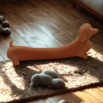 The Flexi-Pup sensory toy being stretched by a hand over a clean, professional workspace setup.