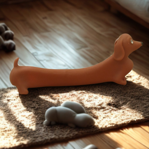The Flexi-Pup sensory toy being stretched by a hand over a clean, professional workspace setup.
