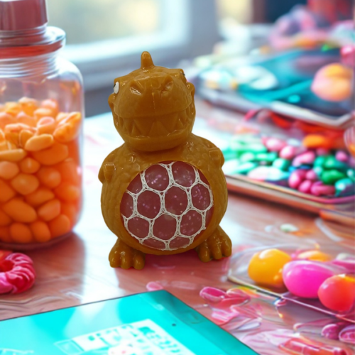 A yellow dinosaur stress toy with a pink mesh gel belly sitting on a white desk with green plants in the blurred background.