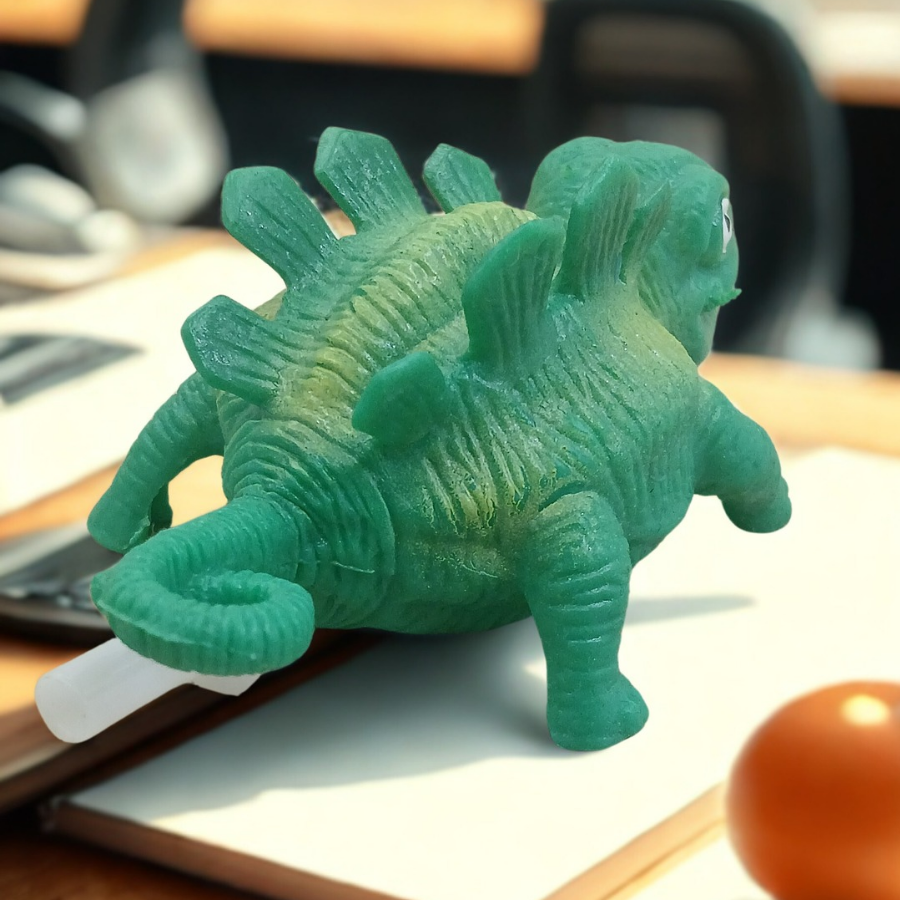 A textured green ankylosaurus dinosaur stress toy with ridges on its back sitting on an office desk setup.