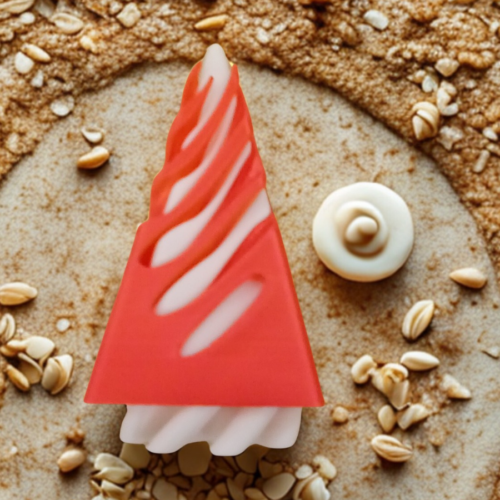 A modern, pyramid-shaped stress toy with blue, purple, and white horizontal ridges sitting on a clean white office surface.