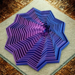 An intricate, multi-pointed star stress toy with a blue and purple vortex design sitting on a textured wooden surface.