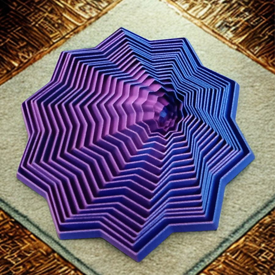 An intricate, multi-pointed star stress toy with a blue and purple vortex design sitting on a textured wooden surface.