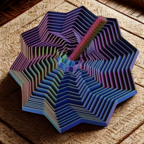 An intricate, multi-pointed star stress toy with a blue and purple vortex design sitting on a textured wooden surface.