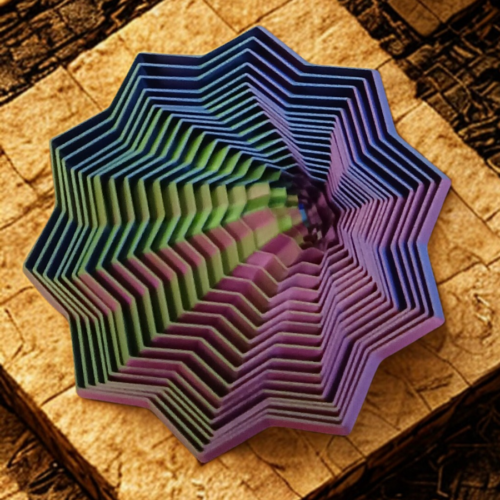 An intricate, multi-pointed star stress toy with a blue and purple vortex design sitting on a textured wooden surface.