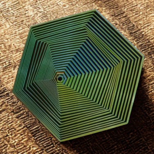 3D layered hexagonal geometric sculpture in green and teal gradient, top-down view on a textured brown background, focus tool for meditation.