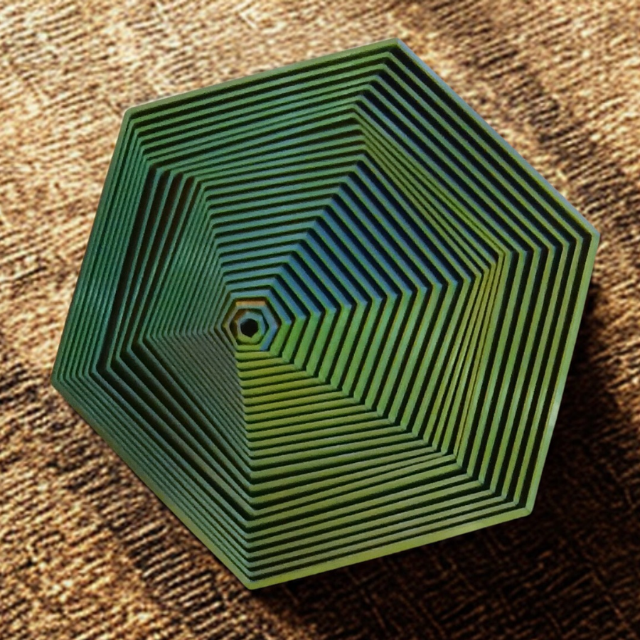 3D layered hexagonal geometric sculpture in green and teal gradient, top-down view on a textured brown background, focus tool for meditation.