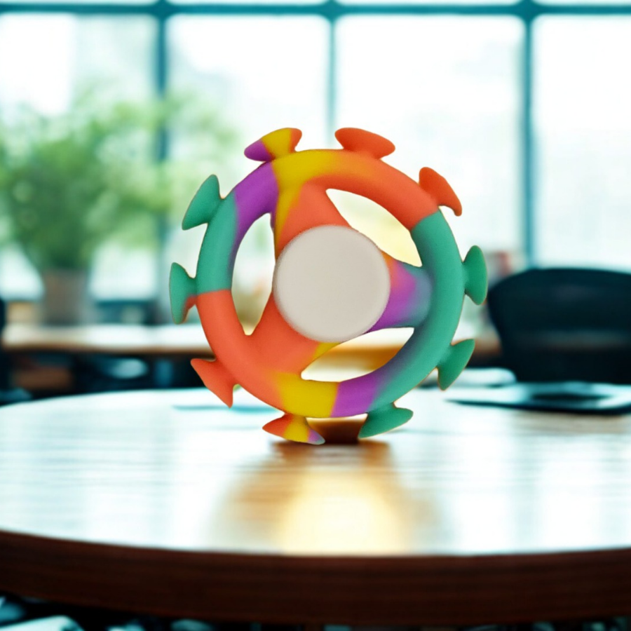 Rainbow-colored hybrid fidget spinner with suction nodes on a wooden desk, showing the white center-bearing for rotation.