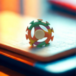 Rainbow-colored hybrid fidget spinner with suction nodes on a wooden desk, showing the white center-bearing for rotation.