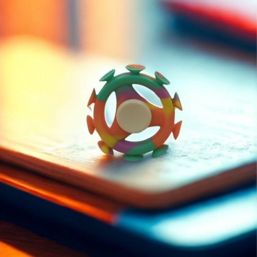 Rainbow-colored hybrid fidget spinner with suction nodes on a wooden desk, showing the white center-bearing for rotation.