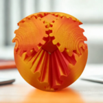 A 3D-printed spherical gear toy with orange and red gradient gears interlocking on a light wooden surface.