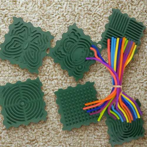 Six forest green square tactile tiles with different embossed geometric patterns and a bundle of rainbow stretch strings on a carpeted surface.