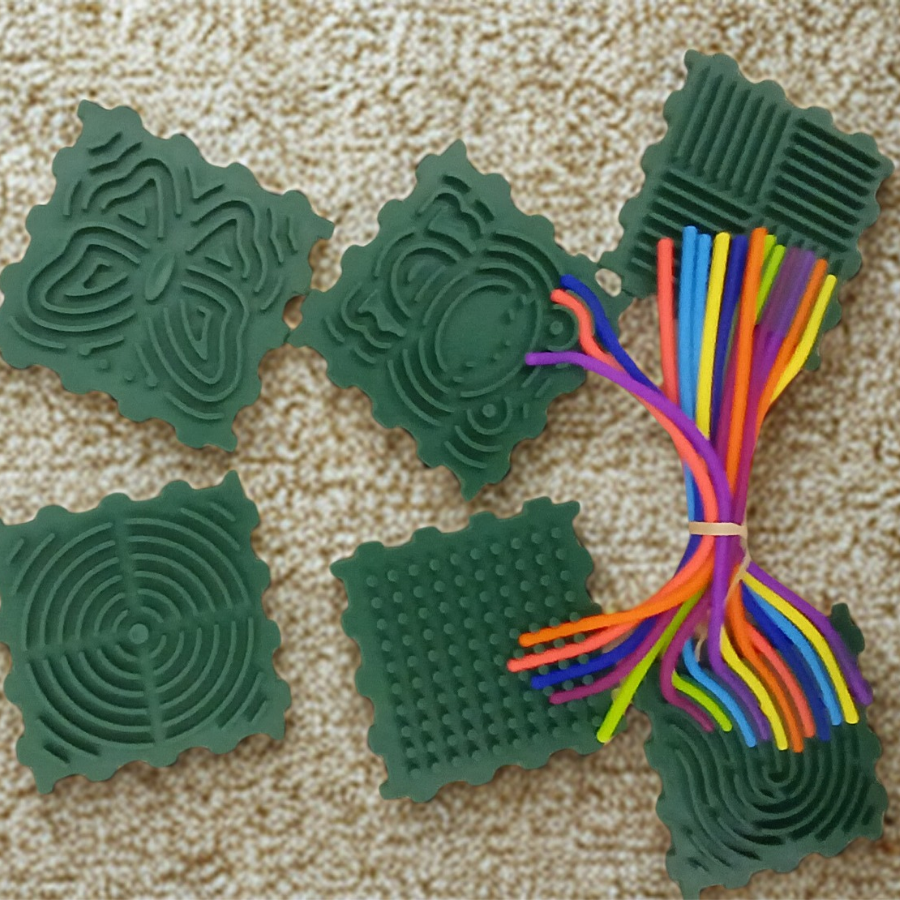 Six forest green square tactile tiles with different embossed geometric patterns and a bundle of rainbow stretch strings on a carpeted surface.